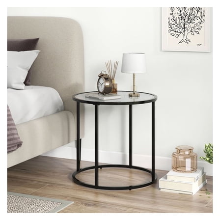 Glass End Table, 20 Inch Round Side Table with Metal Frame & Faux Marble Top, Living Room Bedroom Accent Table, Black & White, Easy Assembly, Modern Minimalist Design