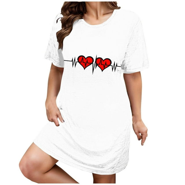 RANJIE Chemise de Nuit pour Femmes Saint-Valentin Imprimé Cœur Manches Courtes Robe de Nuit, Blanc TTG