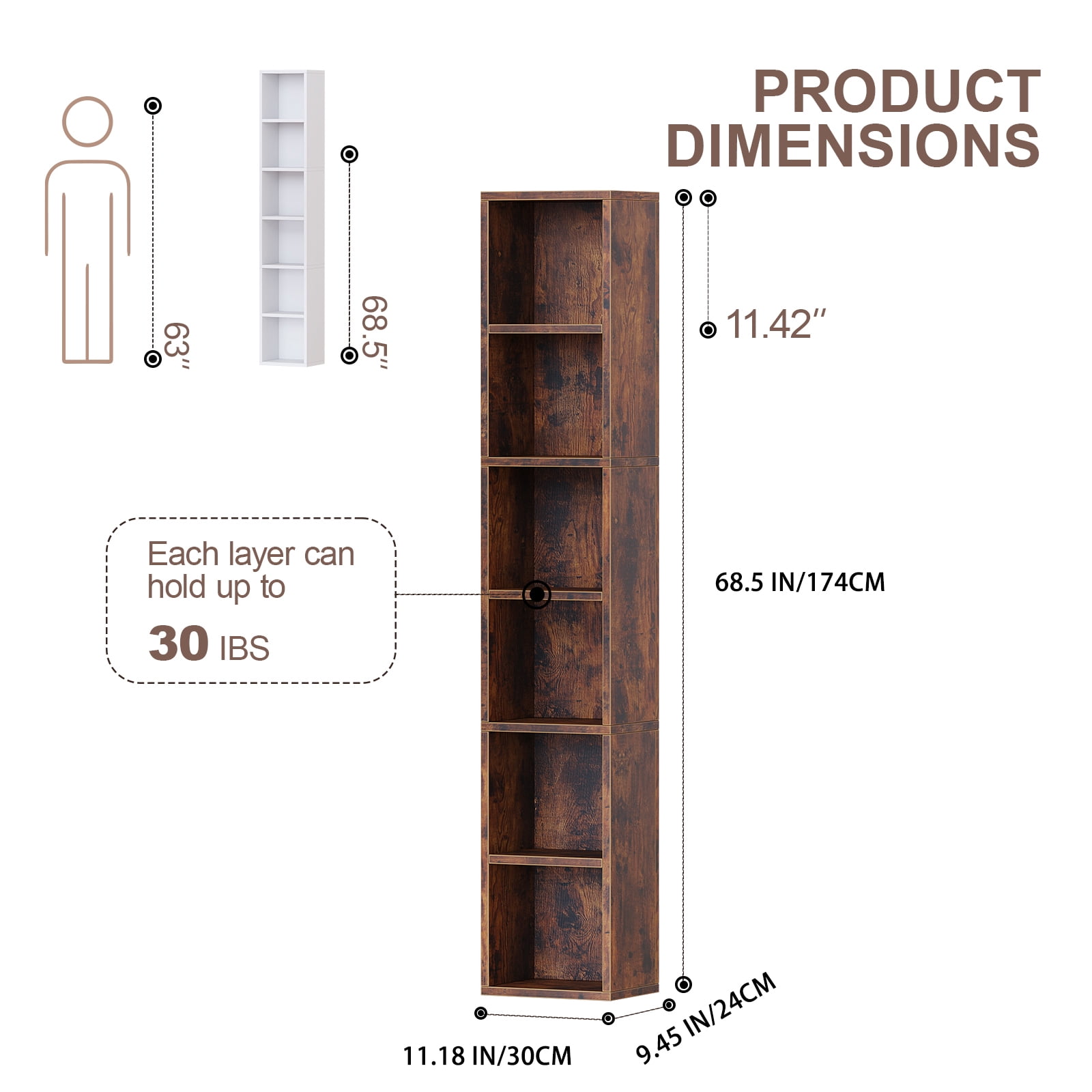 ALISENED 6 Cube Tall Skinny Bookcase, Narrow Organizer Shelf, Wood Corner Bookshelf, Storage Shelves