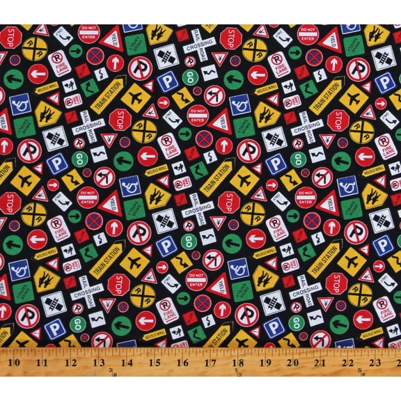 Cotton Traffic Signs Road Signs Stop Signs Railroad Crossing Travel Transportation All Around Town Black Cotton Fabric Print by the Yard (24246-99BLACKMULTI)