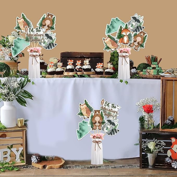 Woodland Baby Shower Decorations Boy Girl, 24pcs Let The Adventure Begin Centerpiece Table Decoration, Double-Sided Forest Animals Centerpieces Stick for Adventure Awaits Party Decorations