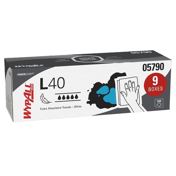 WypAll® PowerClean™ L40 Toallas extra absorbentes (05790), caja emergente, toallas de uso limitado, color blanco (100 hojas/caja, 9 cajas/estuche, 900 hojas/estuche) Wypall NA