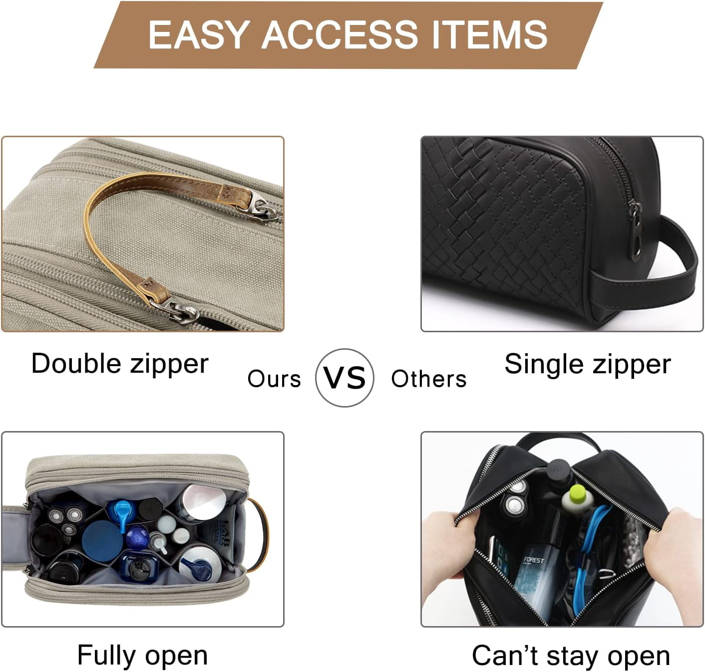 Toiletry Bag for Men, Canvas Travel Toiletry Organizer Dopp Kit Water-resistant Shaving Bag for Toiletries Accessories,Grey-Medium