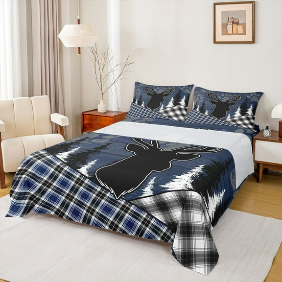 Feelyou Wildlife Reindeer Moose Twin Sheet Sets, Checkered Buffalo Plaid Twin Fitted Sheet, Navy Vintage Farmhouse Flat Sheet, Breathable Home Decor, 3-Piece