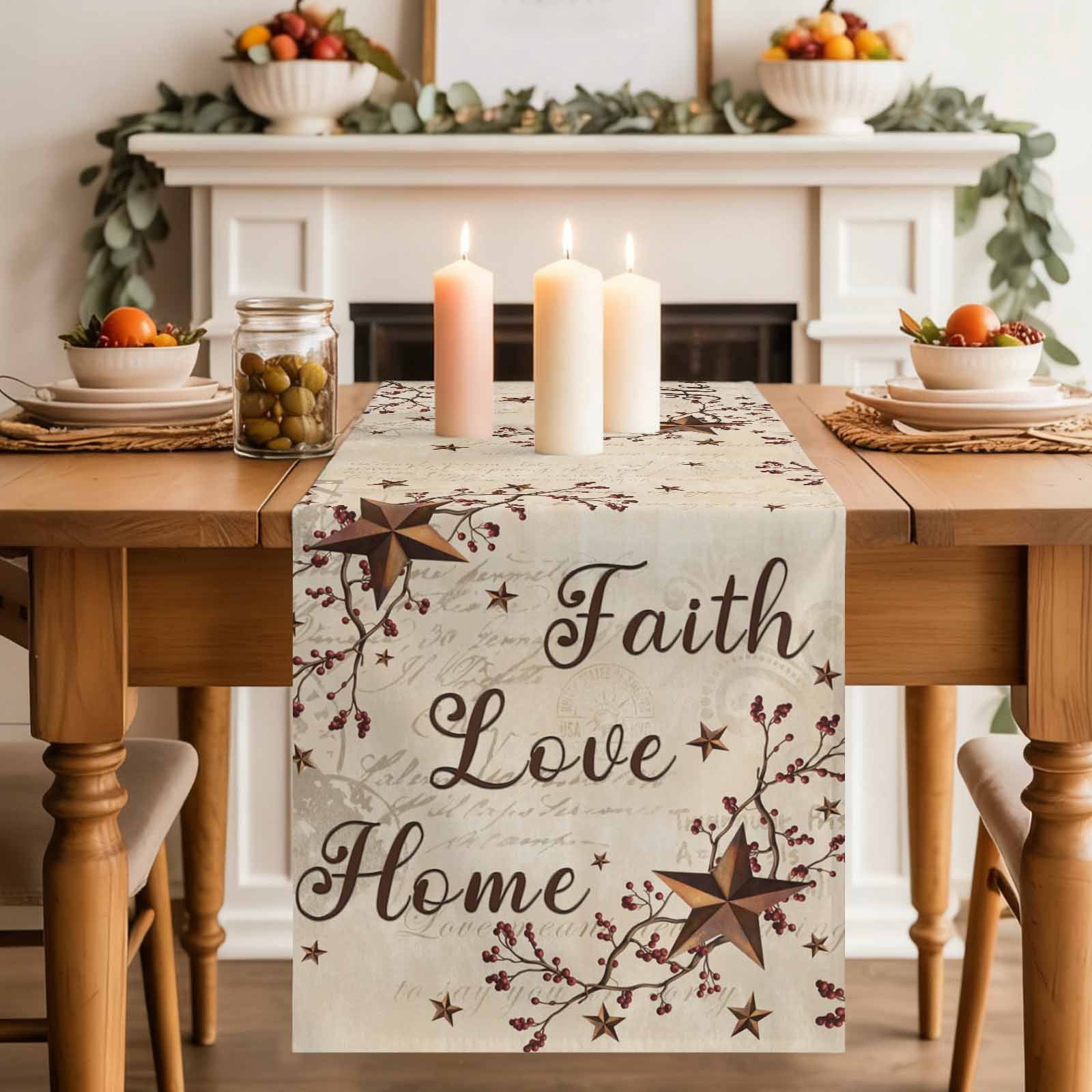 Brown Farmhouse Cotton Linen Table Runner for Dining Kitchen, Retro Country Stars Rustic Branches Berry Wedding Outdoor Party Tablerunners, Dresser Scarf Coffee Tablecloth Runners 13x120 Inches