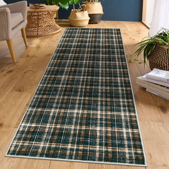 FairOnly Modern Geometric Plaid Non Slip 2'x6'Runner Rug British Style Machine Washable Soft Non Shedding Rug for Kitchen Hallway,Black Brown