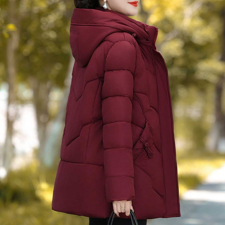Tfeoqry Women's Winter Cotton Padded Coats Parkas Casual Fashion Solid Color Heavy Coat with Pockets Zippered Reversible Long Cotton Coat Burgundy