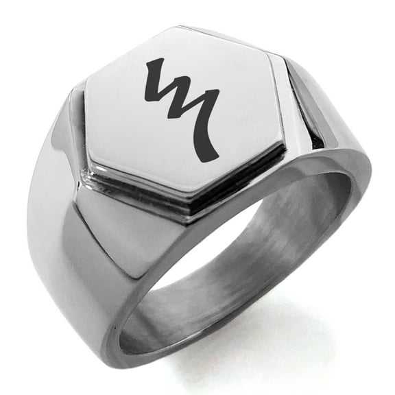 Stainless Steel Reiki Raku Completion Engraved Hexagon Crest Flat Top Biker Style Polished Ring