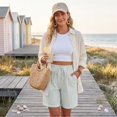 thumbnail image 4 of Evdexr Striped Shorts for Women Linen Bermuda Shorts 2026 Knee Length Drawstring Vacation Short Pants Summer Gauze High Waisted Loose Fit Shorts L, 4 of 7