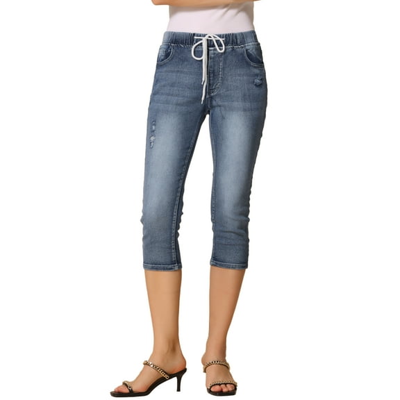 INSPIRE CHIC Women's Skinny Jeans Elastic Waist Classic Slimming Denim Capri Pants S Blue