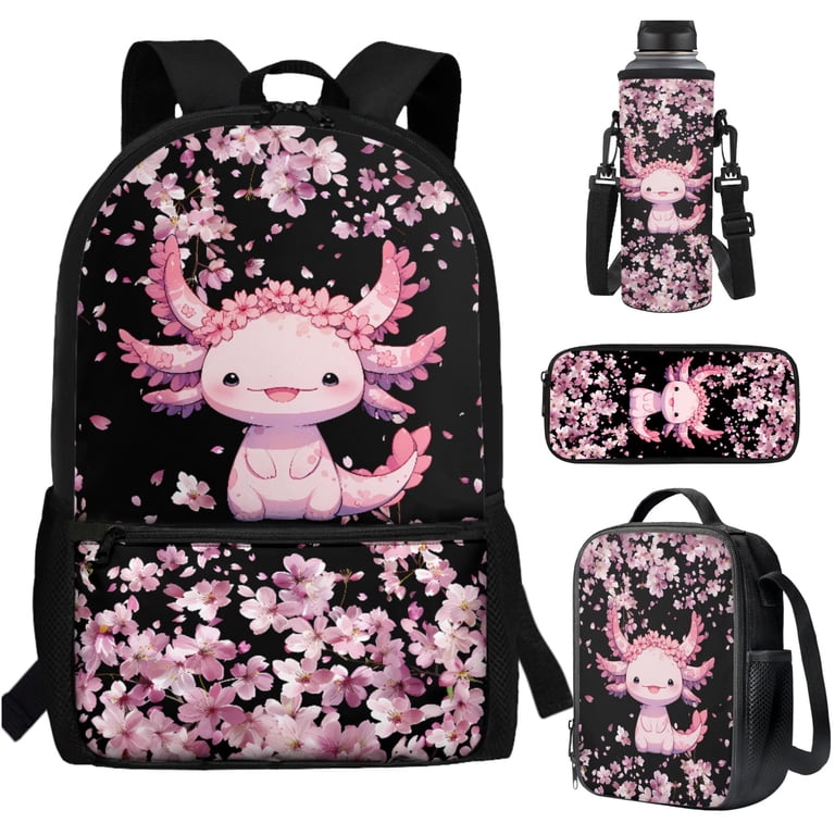 Yuyamidu Axolotl Kids Bookbag with Lunch Boys Set Girls 4pcs Pink