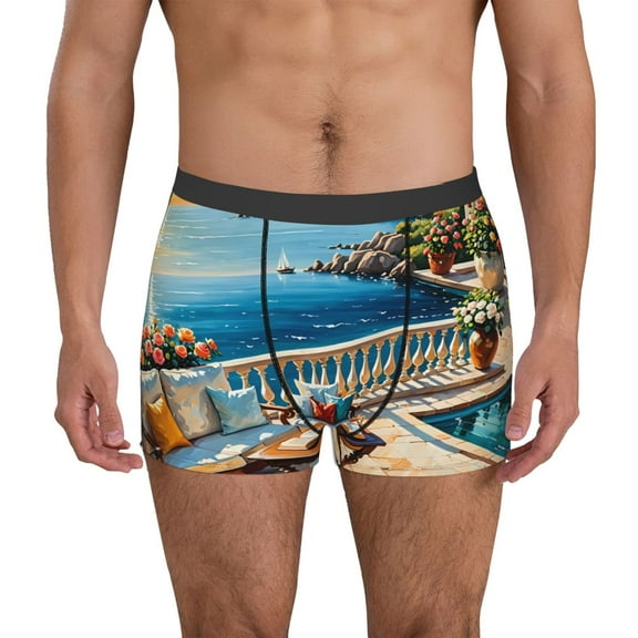Gukieu Coastal Style Garden Villa Print Men's Boxer Briefs, High Elastic Moisture Wicking Boxer Briefs Underwear-Small