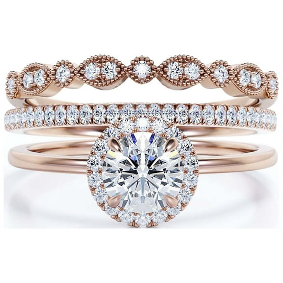 Fairy Minimalist 2.25 Carat Round Cut Diamond Moissanite Engagement Ring, Classic Halo Wedding Ring in 925 Sterling Silver With 18k Rose Gold Plating Gift For Her, Promise Ring, Two Matching Band