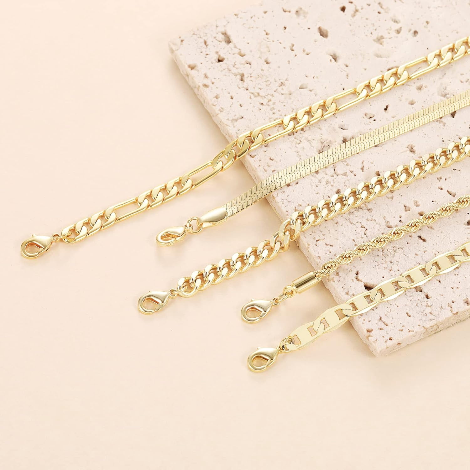 Gold Ankle Bracelets for Women Waterproof - Dainty 6Pcs 14K Gold Plated Anklets Layered Cuban Link Chain Herringbone Cute Anklets Set Pack Summer Beach Jewelry Gift for Women Teen