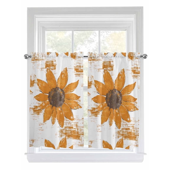 Tier Curtains 45 Inches Long, Orange Sunflower Window Treatment Curtain Drapes, Spring Summer Botanical Flowers Window Half Privacy Curtains for Bedroom Bathroom, 42"x45", 2 Panels