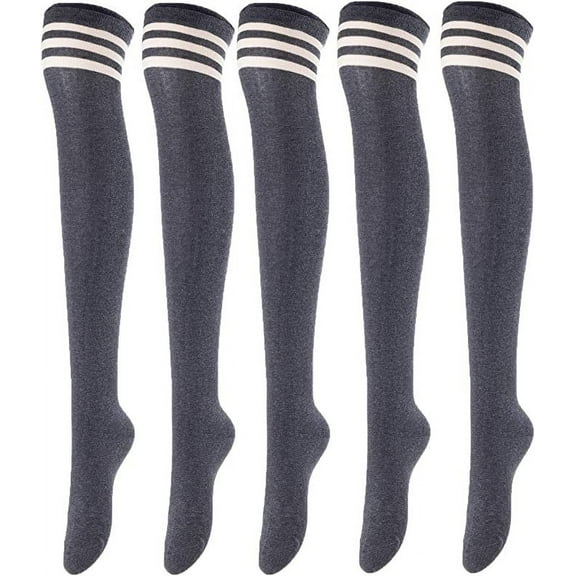 Lovely Annie Women's 5 Pairs Incredible Durable Super Soft Unique Over Knee High Thigh High Cotton Socks Size 6-9 A1022(Dark Grey)