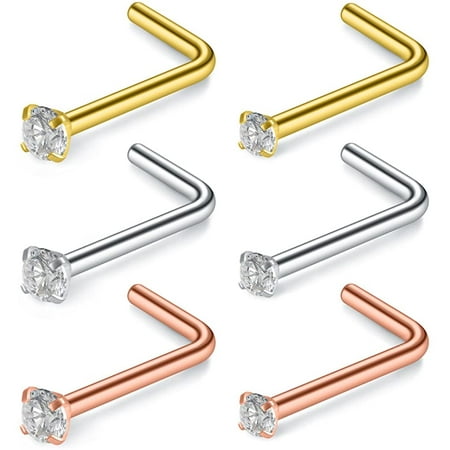 18 Gauge Nose Rings Hoop Stainless Steel Bone L Shaped Screw 1.5-4mm CZ
