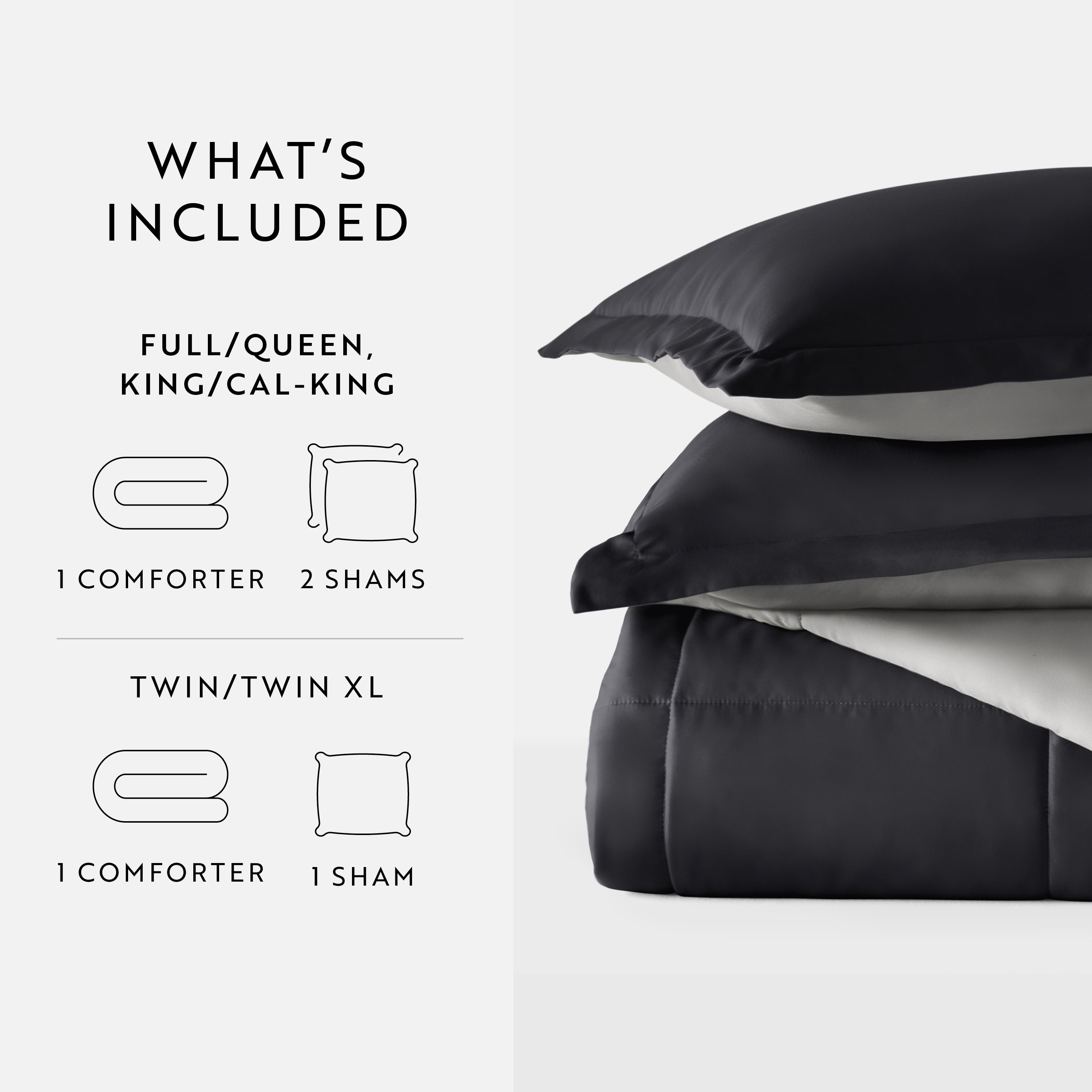 Noble Linens Soft 3-Piece Black & Fog Reversible All Season Lightweight Down Alternative Comforter Set, King/Cal King