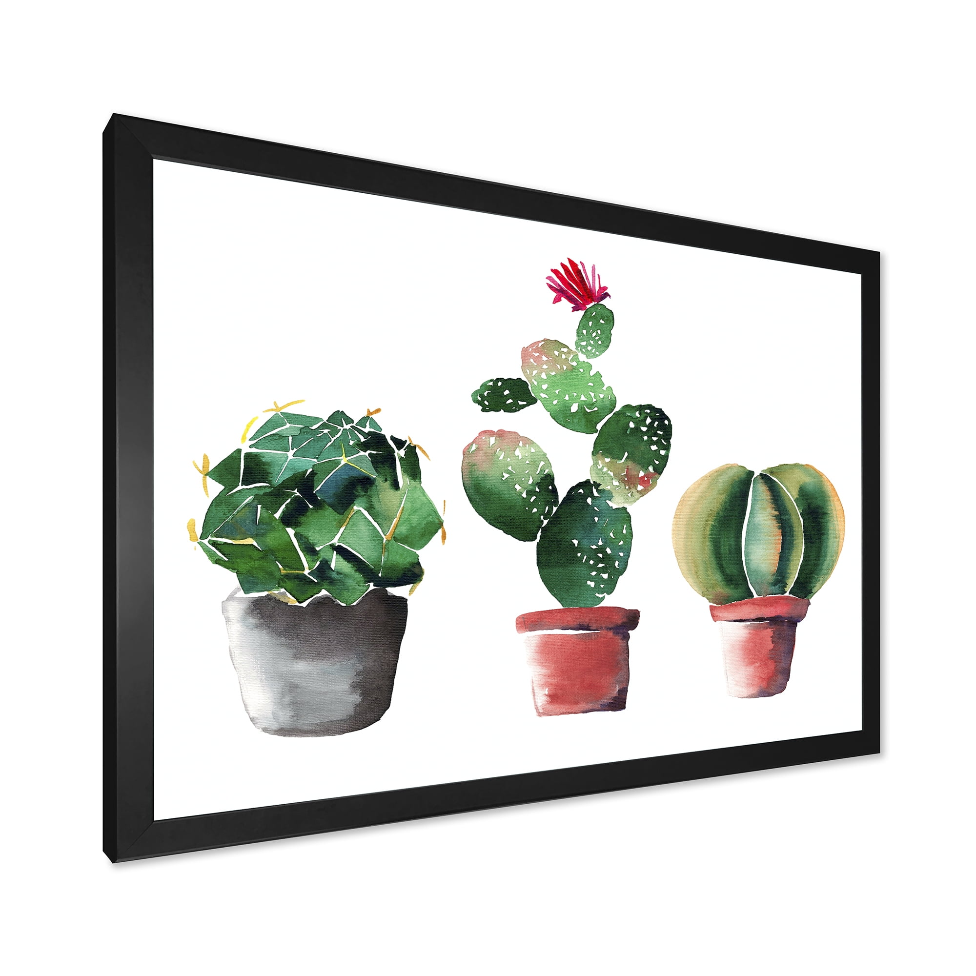 Designart 'Three Cacti In Clay Pots On White' Traditional Framed Art Print