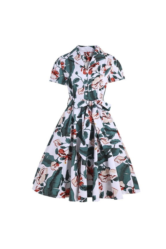 Sundresses for Women,Women Retro Print Short Sleeve Slim Bandage Lapel Buttons Vintage Dress