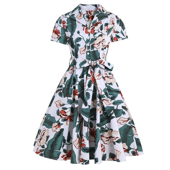 Floenr Sundresses for Women,Women Retro Print Short Sleeve Slim Bandage Lapel Buttons Vintage Dress