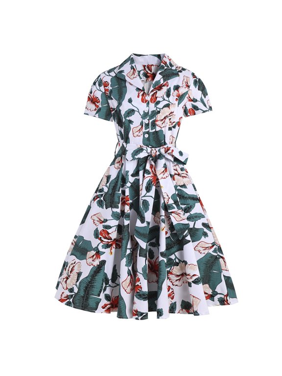 Sundresses for Women,Women Retro Print Short Sleeve Slim Bandage Lapel Buttons Vintage Dress