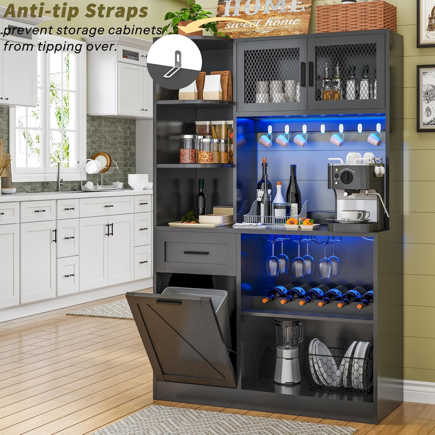 ChicZhiNest 67.3" Tall Coffee Wine Bar Cabinet with LED Lights and Power Outlet, Open Shelves, Modern Kitchen Pantry Cabinet with Trash Can Storage - 7 Hooks & Wine Glass Rack for Home (Black)