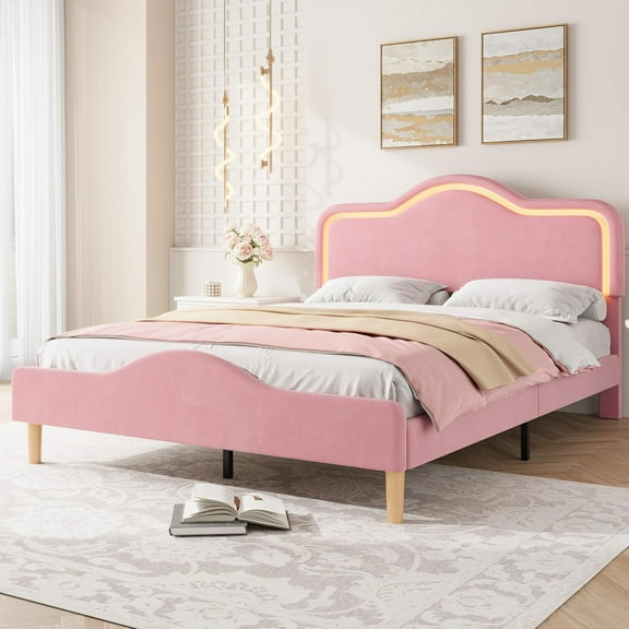 Senfot Full Size Bed Frame with Adjustable LED Headboard, Velvet Upholstered Princess Platform Bedframe, Wooden Slats Support, No Box Spring Needed