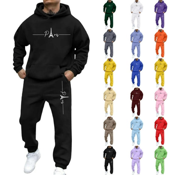Men's Big and Tall Workout Gym Sweatsuits Paris Print Hoodie and Sweatpants 2 Piece Set Athletic Winter Sport Sweatsuits Jogging Sweat Suits Lounge Outfit