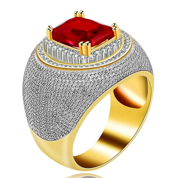 Uloveido Gold Plated Hip Hop Iced Out Round Bling Ring Rectangle Red Cubic Zirconia Wide Wedding Band Engagement Ring for Men Y587 (Size 7)