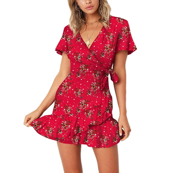 Summer Women Short Sleeve Print Dress V Neck Casual Short Dresses
