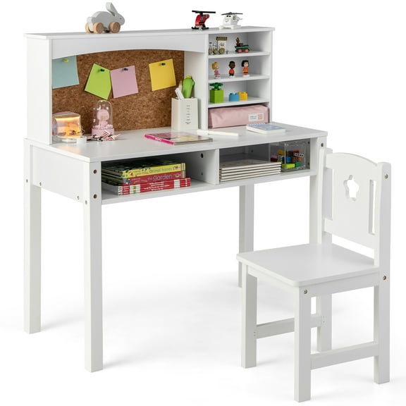 Costway Kids Desk and Chair Set Study Writing Workstation with Hutch & Bulletin Board White