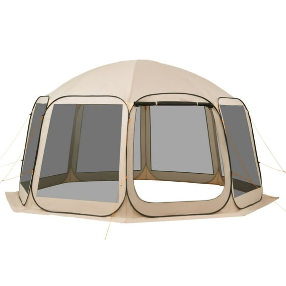 KFFKFF Screen House Tent, 15 x 13.8 ft, 12-15 Person Pop-Up Shelter, Portable Canopy with Carry Bag, Mesh Sides, Ground Stakes, Ideal for Garden, Patio, Backyard, and Outdoor Events, Beige