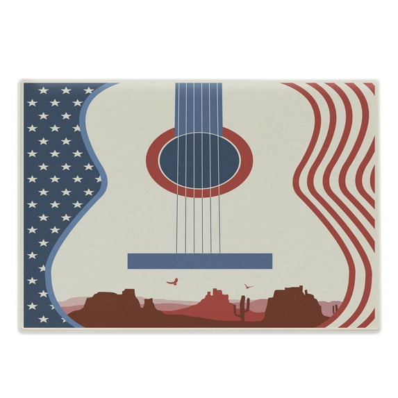 Music Cutting Board, Country Festival Event Illustration Guitar American Flag Design Print, Decorative Tempered Glass Cutting and Serving Board, Large Size, Cream Red Blue, by Ambesonne