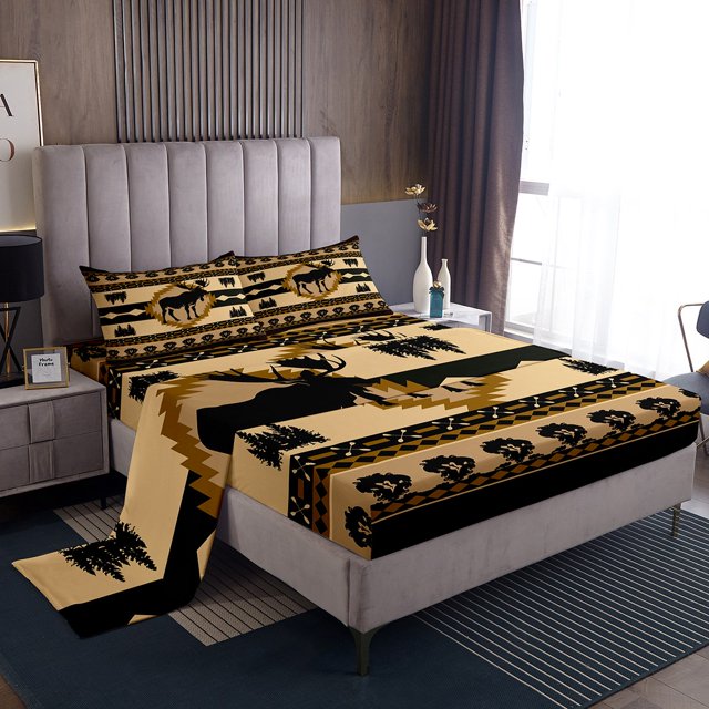 Erosebridal Damask Aztec Sheet Set Queen, Jungle Elk Deer Bedding Sets Queen Size, Triangle Geometric Decor 4pcs