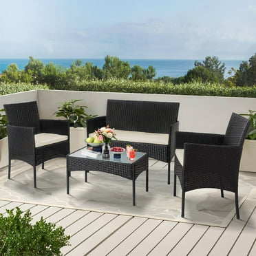 Tappio 4 Piece Patio Conversation Wicker Furniture Set, Porch Furniture Outdoor Sectional Furniture Set w/Side Table & Cushions, Wicker Sofa Garden Conversation Set for Yard Pool Backyard,Black/Beige