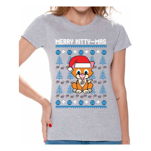 Awkward Styles Merry Kitty-Mas Tshirt Funny Christmas Shirts for Women Kittymas Ugly Christmas T Shirt Xmas Kitten Gifts for Cat Lovers Christmas Cat Shirt Xmas Party Outfit Cat Gifts for Christmas