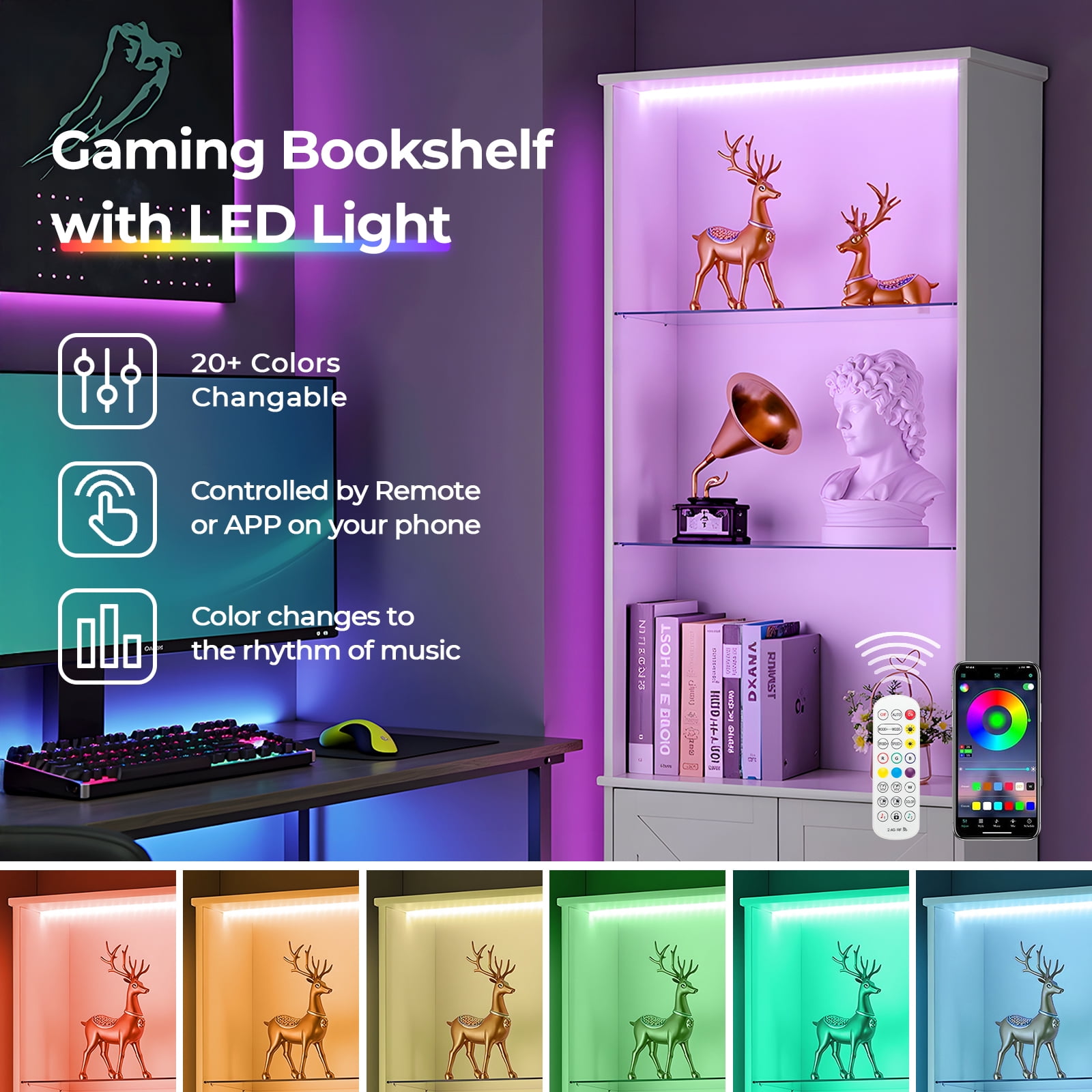 3-Layer Display Cabinet, Glass Shelf With 2 Doors Double Z Shape Led Light Strip Front Curved Base Feet Triammine Board, White/60*23.5*180cm
