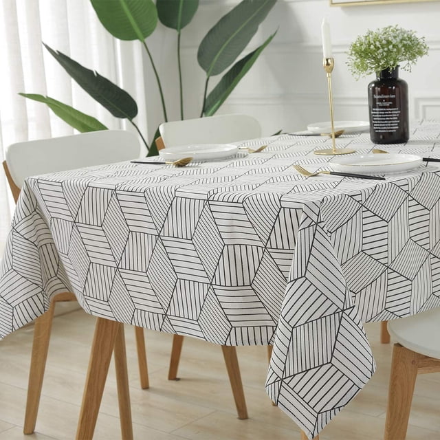 Mantel rectangular de estilo geométrico de algodón y lino a prueba de polvo para decoración de mesa de comedor de cocina (rectángulo/oblongo, 52 x 70 pulgadas (4-6 plazas), blanco) JAMW Sencillez