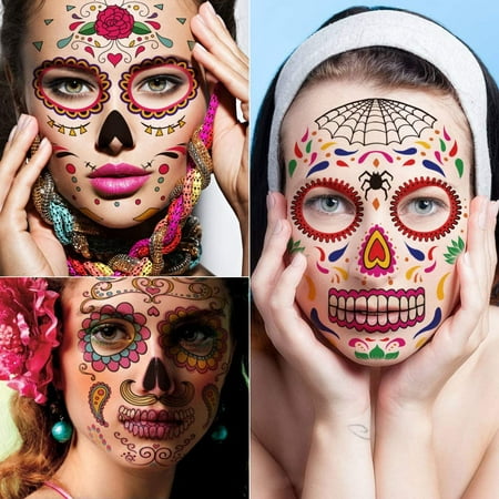 9 Sheets Day of the Dead Skeleton Face Tattoo, Glitter Red Roses Halloween  Temporary Tattoos for Men Women Makeup Tattoo Sticker | Walmart Canada