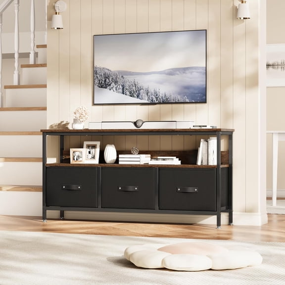 Homhougo 55 Inch TV Stand for Living Room, Dresser-Style TV Stand with 3 Drawers, Compact Entertainment Center with Storage Solutions, TV Console Table for Bedroom, Brown Finish with Black Drawers