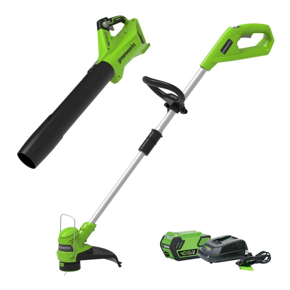 Greenworks 40V 12" String Trimmer & 40V 120 MPH - 450 CFM Jet Blower, 4.0Ah Battery and Charger Included