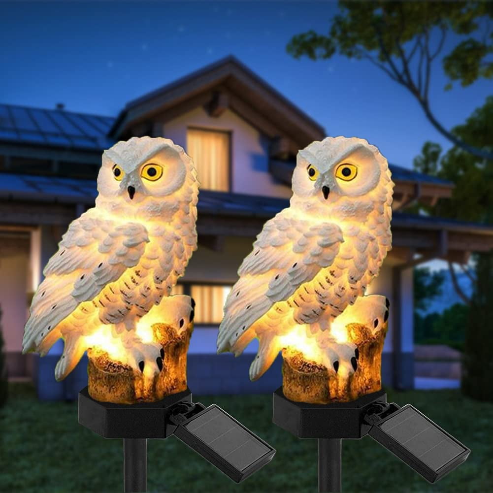 2 PC Owl Statue Set Outdoor Garden Decor Lawn Ornament Patio Yard LED Light NEW 