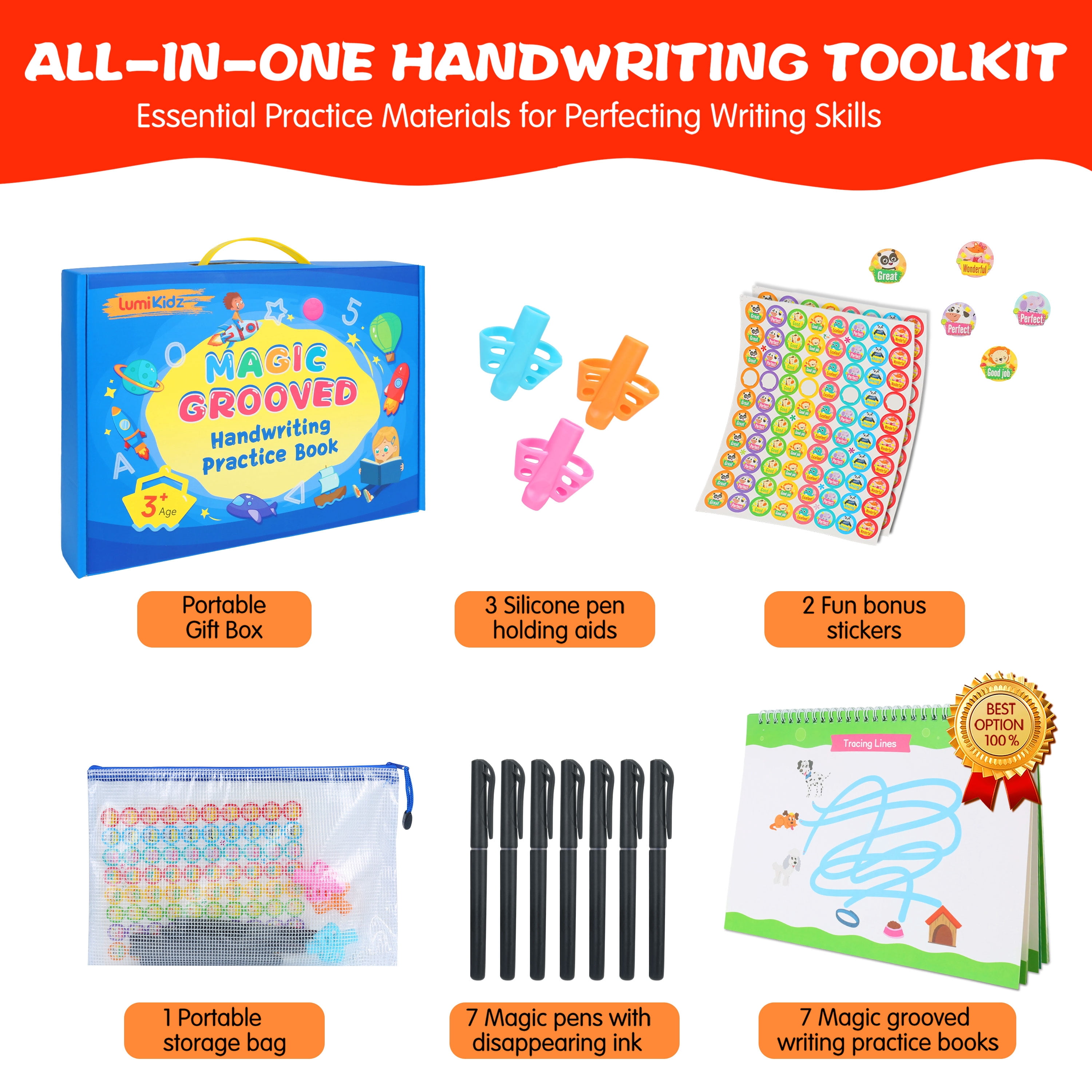 Magic Grooved Writing Practice for Kids Ages 3-8, Reusable Grooved Handwriting Workbooks，Large-Scale Writing Workbook, Kindergarten Workbook, 10.24 x 7.29 inches (7 Books + Pens)