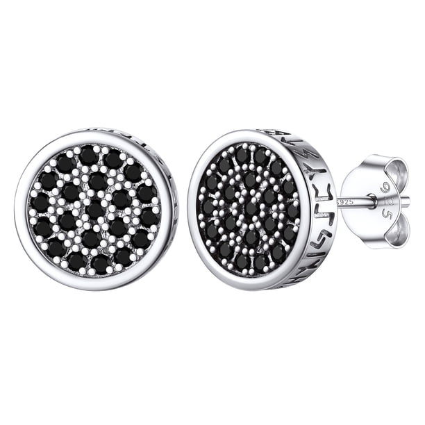 Pendientes de botón de plata esterlina Silvora Con Runas vikingas Y Circonita Cúbica Negra Pendientes Redondos Hipoalergénicos