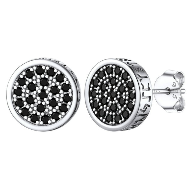 Pendientes de botón de plata esterlina Silvora Con Runas vikingas Y Circonita Cúbica Negra Pendientes Redondos Hipoalergénicos