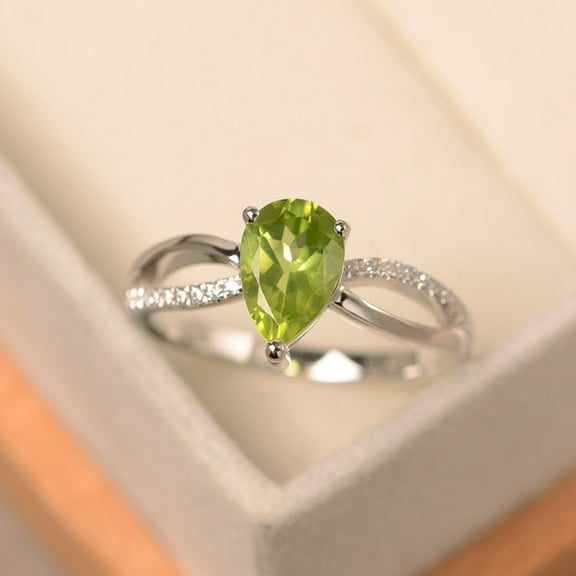Peridot ring pear cut gemstone engagement ring 925 sterling silver ring