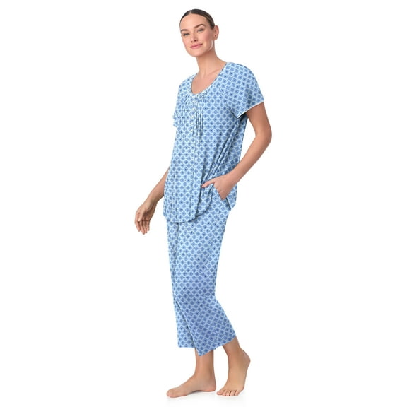 Aria Women’s Knit Flutter Sleeve Scoop Neck Henley Top and Cropped Pant Sleepwear Pajama Set, Sizes up to 5X