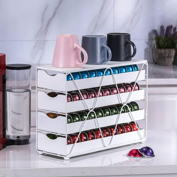 4 Tier Coffee Pod Holder Drawer for  Vertuoline Capsules - White Storage Organizer with 80 Pods Capacity