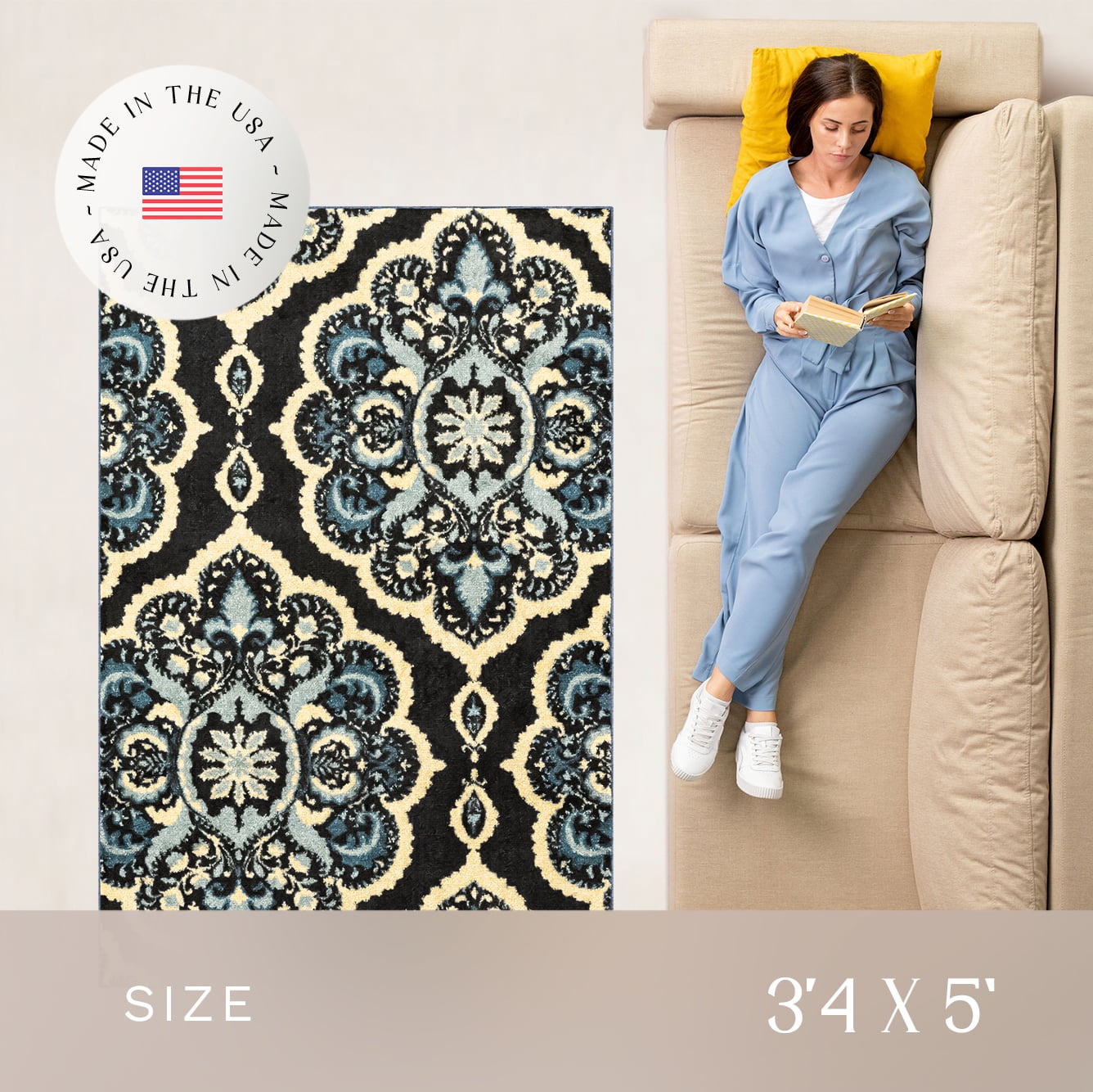 Maples Rugs Vivian Transitional Medallion Persian Blue Non Slip Indoor Area Rug, 3'4 x 5'